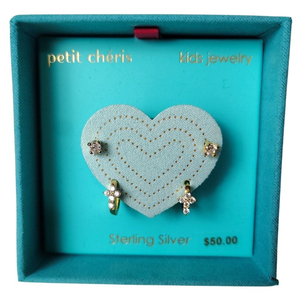 Petit Chéris Kids Sterling Silver Stud and Cross Hoop Earring Set With Gift Box